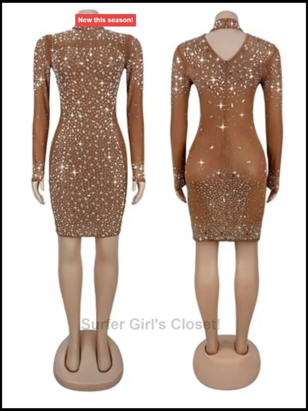 Rhinestone Bodycon Dress Women Special Occasion Night Out Mock Neck Long Sleeve